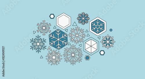 Collection of stylized blue and white snowflakes and hexagon shapes