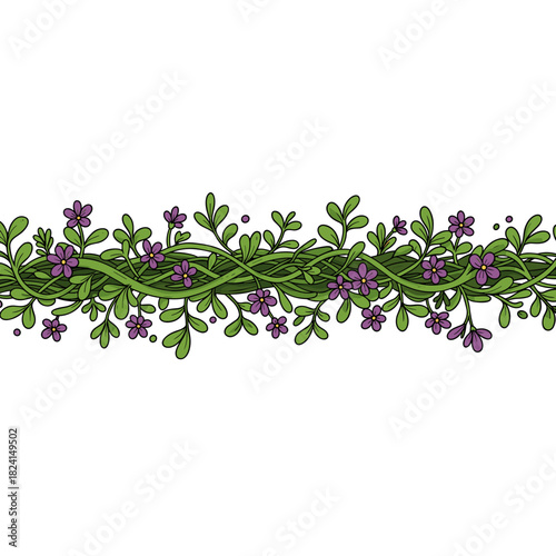 Page divider featuring intertwining green vines with young shoots and lilac flowers
