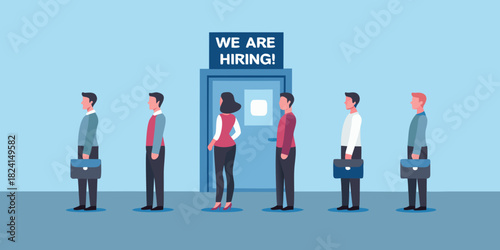 People in line waiting for job interview we are hiring sign