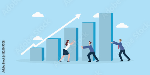 Teamwork pushing business growth upward on a bar chart