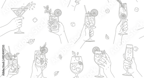 Hand-drawn vector set of wine glasses and bottles with cocktail, beer, and martini icons for bar and restaurant design