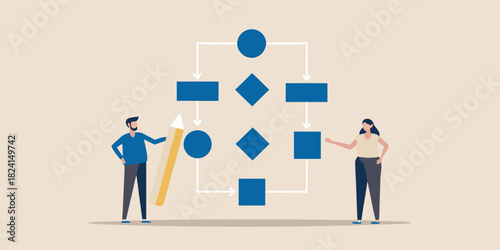 People designing a flowchart with a large pencil and hand gestures