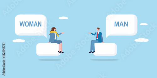 Man and woman communicate separately with speech bubbles