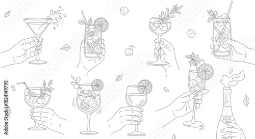 Hand-drawn vector set of wine glasses and bottles with cocktail, beer, and martini icons for bar and restaurant design