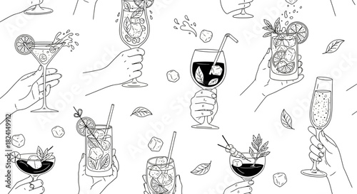 Hand-drawn vector set of wine glasses and bottles with cocktail, beer, and martini icons for bar and restaurant design