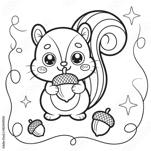 Cute cartoon squirrel holding an acorn with acorns and swirls food animal