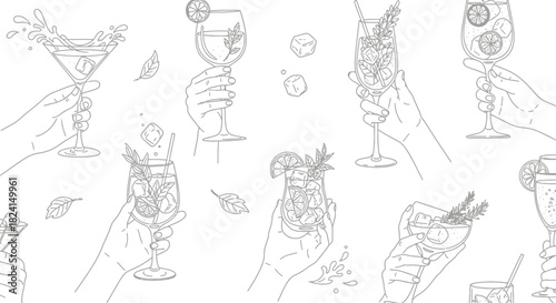 Hand-drawn vector set of wine glasses and bottles with cocktail, beer, and martini icons for bar and restaurant design