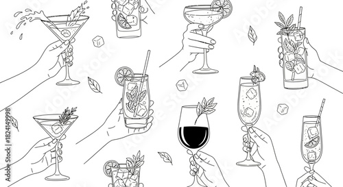 Hand-drawn vector set of wine glasses and bottles with cocktail, beer, and martini icons for bar and restaurant design