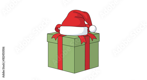 Green gift box with red ribbon wearing a santa hat isolated on
