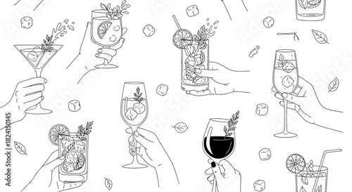 Hand-drawn vector set of wine glasses and bottles with cocktail, beer, and martini icons for bar and restaurant design
