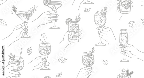 Hand-drawn vector set of wine glasses and bottles with cocktail, beer, and martini icons for bar and restaurant design