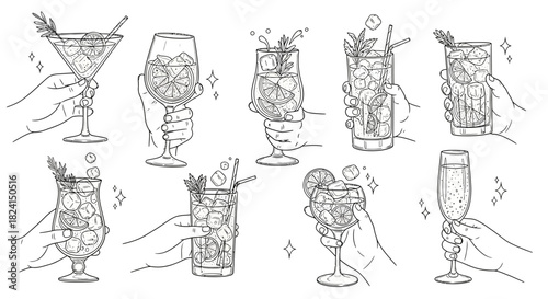 Hand-drawn vector set of wine glasses and bottles with cocktail, beer, and martini icons for bar and restaurant design