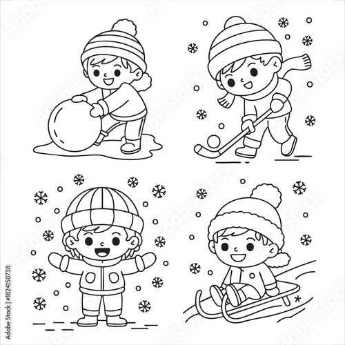 Four cartoon children enjoying winter activities like playing with snowballs hockey sledding and standing in snow