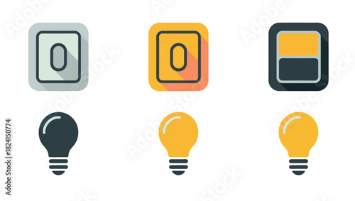 A set of flat design icons representing light switches and light bulbs, symbolizing illumination and electrical power.