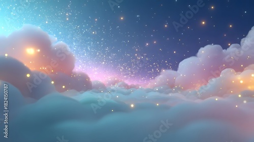 Ethereal dreamscape featuring soft pastel clouds illuminated by scattered golden light particles against a twilight sky blending blue pink and purple hues