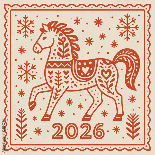 Bild auf Leinwand Decorative Horse Illustration (ornamental folk-style horse, symbol of 2026)