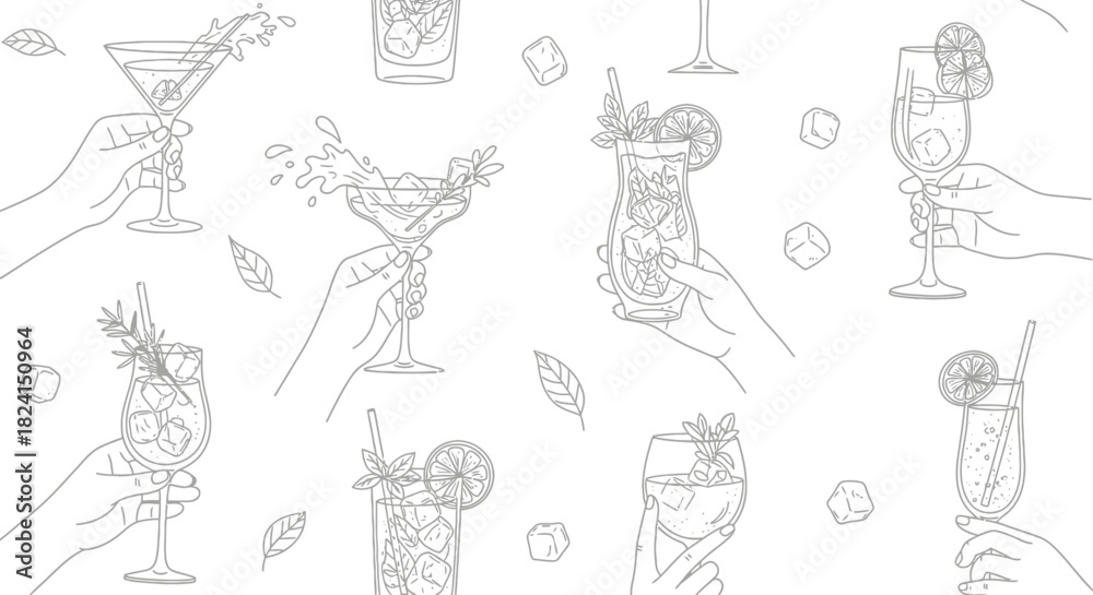 Naklejka premium Hand-drawn vector set of wine glasses and bottles with cocktail, beer, and martini icons for bar and restaurant design