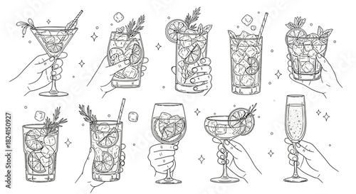 Hand-drawn vector set of wine glasses and bottles with cocktail, beer, and martini icons for bar and restaurant design