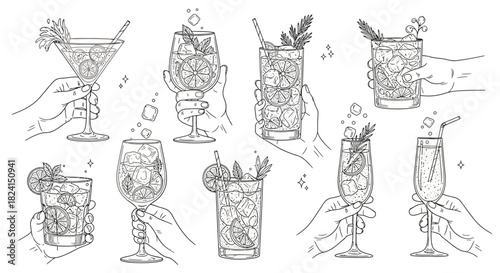 Hand-drawn vector set of wine glasses and bottles with cocktail, beer, and martini icons for bar and restaurant design