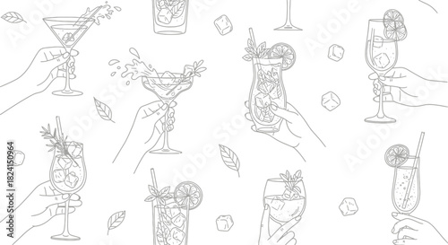 Hand-drawn vector set of wine glasses and bottles with cocktail, beer, and martini icons for bar and restaurant design