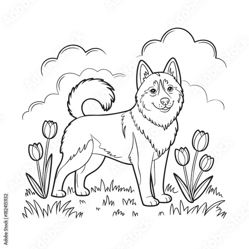 Friendly cartoon husky dog standing in a grassy field with tulips and clouds Keywords: husky, dog, puppy, animal, pet, canine, wolf, breed, standing, grass, field, meadow, tulips, flowers, plants