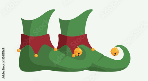 Pair of green elf shoes with red trim and jingle bells isolated on