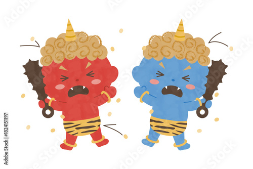 豆をぶつけられて怖がる赤鬼と青鬼の節分キャラクター