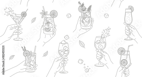 Hand-drawn vector set of wine glasses and bottles with cocktail, beer, and martini icons for bar and restaurant design