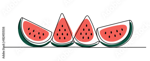 Four refreshing slices of watermelon are arranged in a line on a flat surface, evoking summer and healthy eating.
