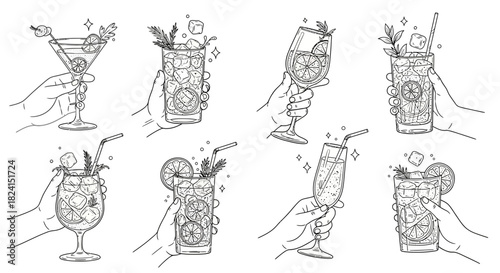 Hand-drawn vector set of wine glasses and bottles with cocktail, beer, and martini icons for bar and restaurant design