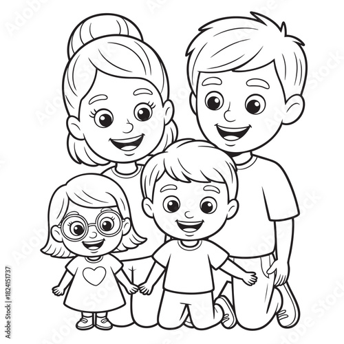 Happy cartoon family of four with parents and two children posing together vector illustration