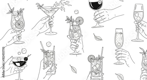 Hand-drawn vector set of wine glasses and bottles with cocktail, beer, and martini icons for bar and restaurant design