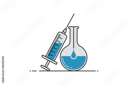 A medical syringe and a round-bottom flask containing blue liquid are depicted, symbolizing scientific research and healthcare.
