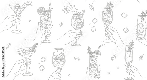Hand-drawn vector set of wine glasses and bottles with cocktail, beer, and martini icons for bar and restaurant design