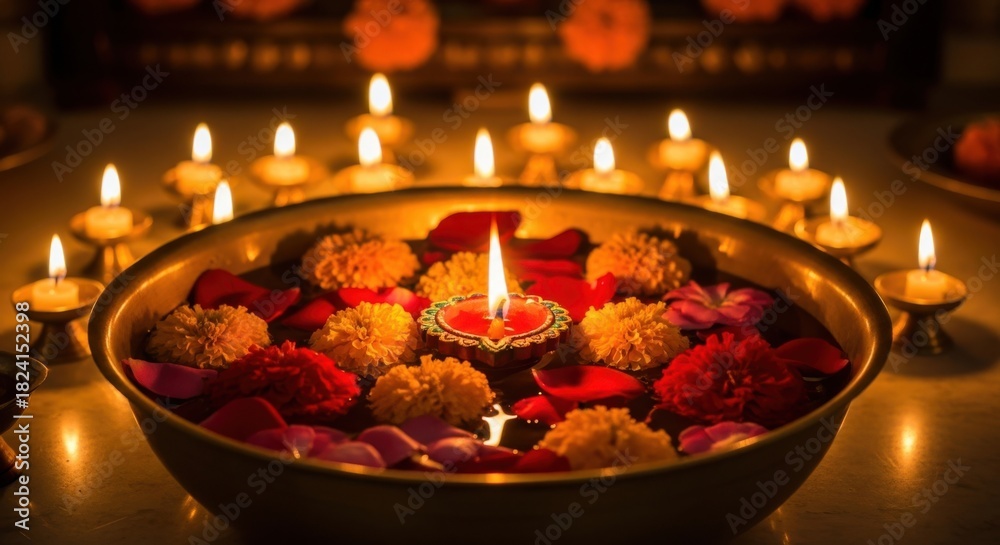 Obraz premium Diwali celebration with oil lamps and flower offering