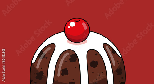 Cartoon illustration of a christmas pudding with white icing and cherry