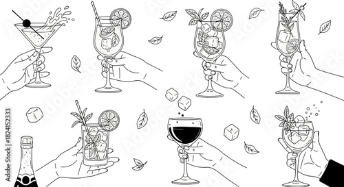 Hand-drawn vector set of wine glasses and bottles with cocktail, beer, and martini icons for bar and restaurant design