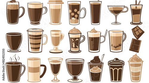 Vector illustration of coffee chocolate and hot beverages drinks set, featuring cups mugs and cocoa, warm café drink collection in clean flat design style for menu branding and food projects