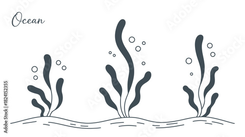 Illustration of seaweed and bubbles growing on the ocean floor in a simple, stylized graphic.