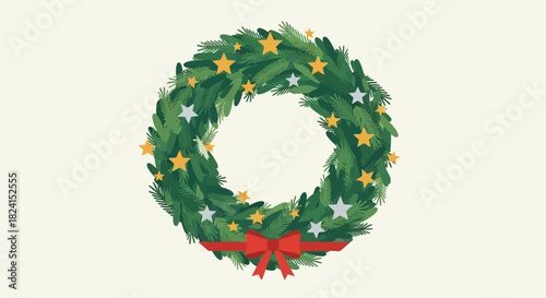 Christmas wreath with green pine branch and star decoration