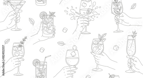 Hand-drawn vector set of wine glasses and bottles with cocktail, beer, and martini icons for bar and restaurant design