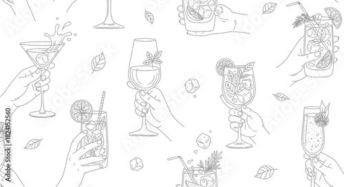 Hand-drawn vector set of wine glasses and bottles with cocktail, beer, and martini icons for bar and restaurant design