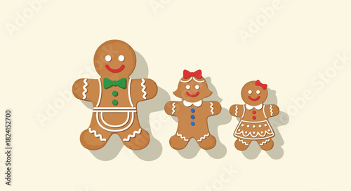 Three gingerbread cookie family members standing together on light background