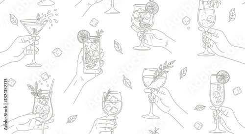 Hand-drawn vector set of wine glasses and bottles with cocktail, beer, and martini icons for bar and restaurant design