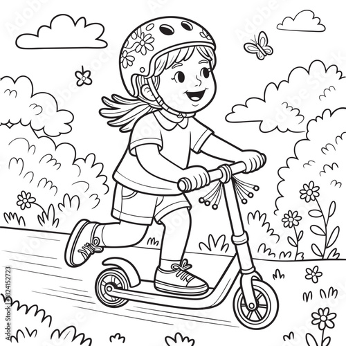 Happy girl riding a scooter in a park with flowers and butterflies child kick scooter