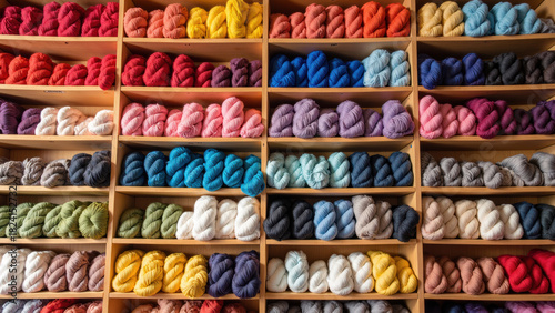 Colorful yarn displayed on wooden shelves creates vibrant and inviting atmosphere for crafting enthusiasts