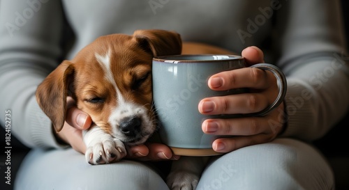 cute puppy resting beside a warm coffee mug