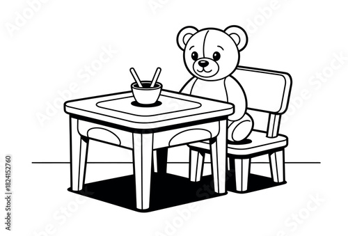 A charming teddy bear sits at a small table, ready for a pretend meal with a bowl and utensils, illustrating childhood play and imagination.