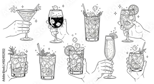 Hand-drawn vector set of wine glasses and bottles with cocktail, beer, and martini icons for bar and restaurant design