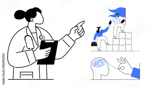 Doctor holding clipboard, collaborative individuals climbing blocks with flag, hand nurturing brain function. Ideal for healthcare, mental health, teamwork, leadership, personal growth, success